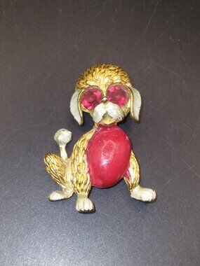 Vintage Red Enamel Poodle Red Rhinestone Eyes Dog